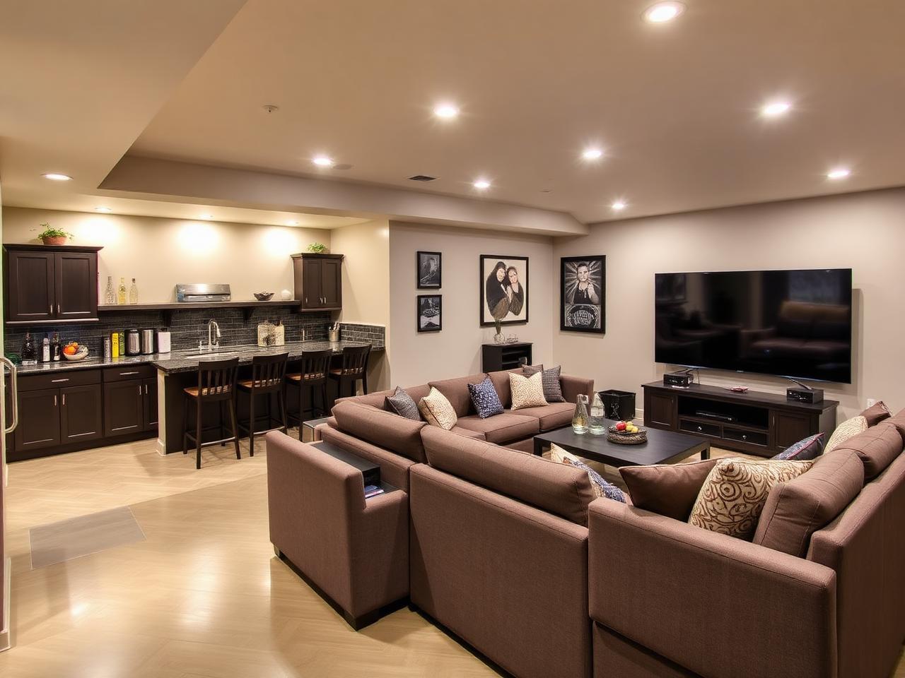 Finished basement with rec room and wet bar