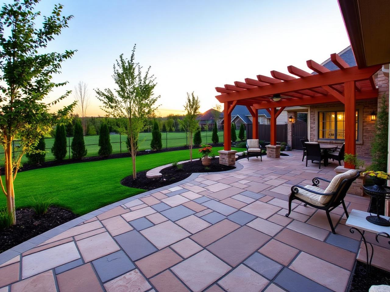 Backyard with new patio, pergola and sod